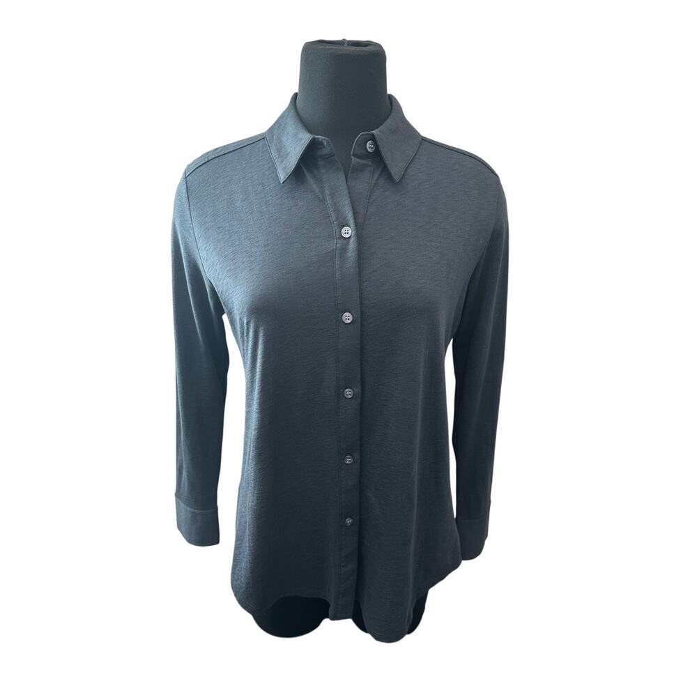 THEORY Sorena Slub Pima Cotton Button Down Shirt Dark Gray Medium Quiet Luxury - Picture 3 of 9